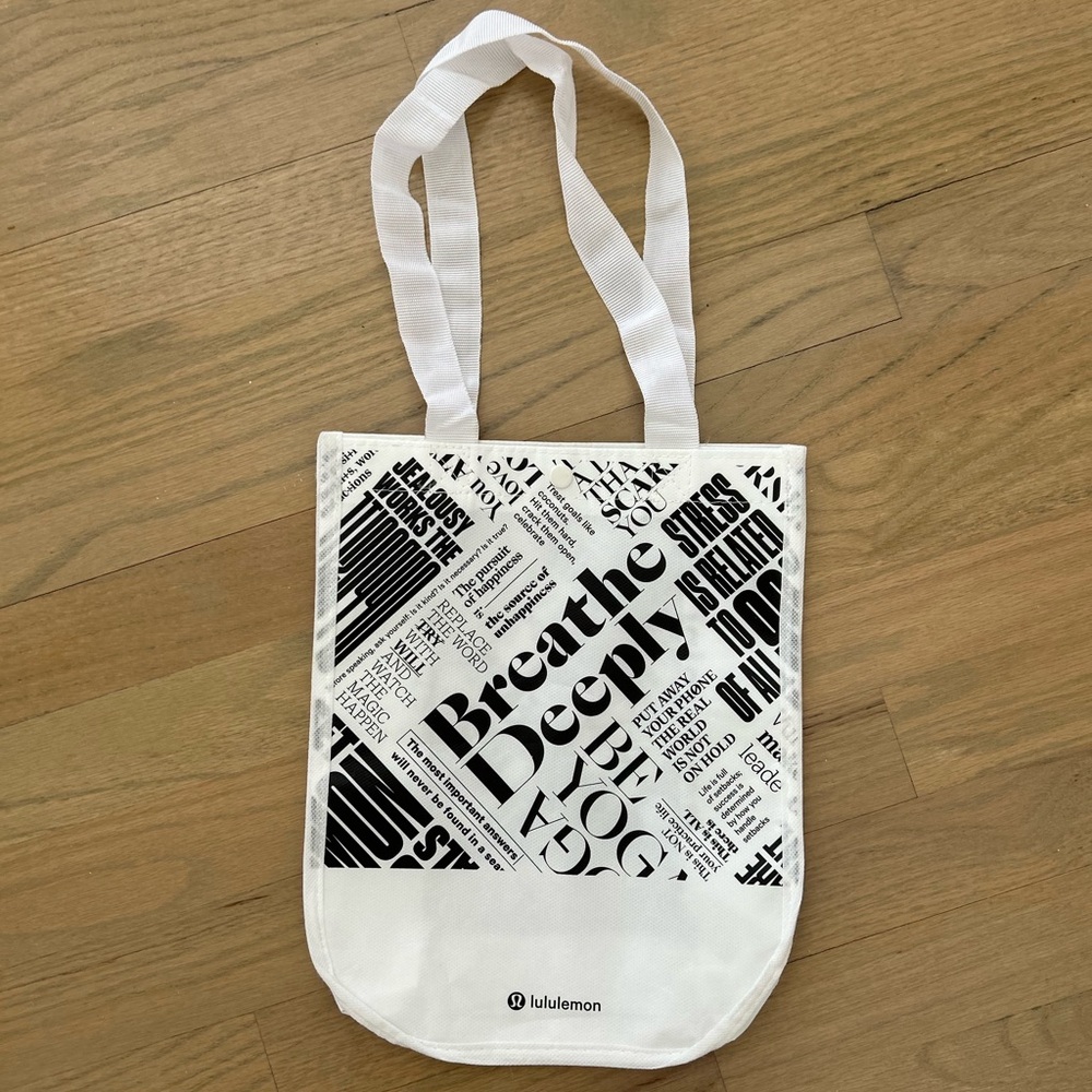 3 for $15! Lululemon bag black and white mantra print logo Smallest Size Tote
